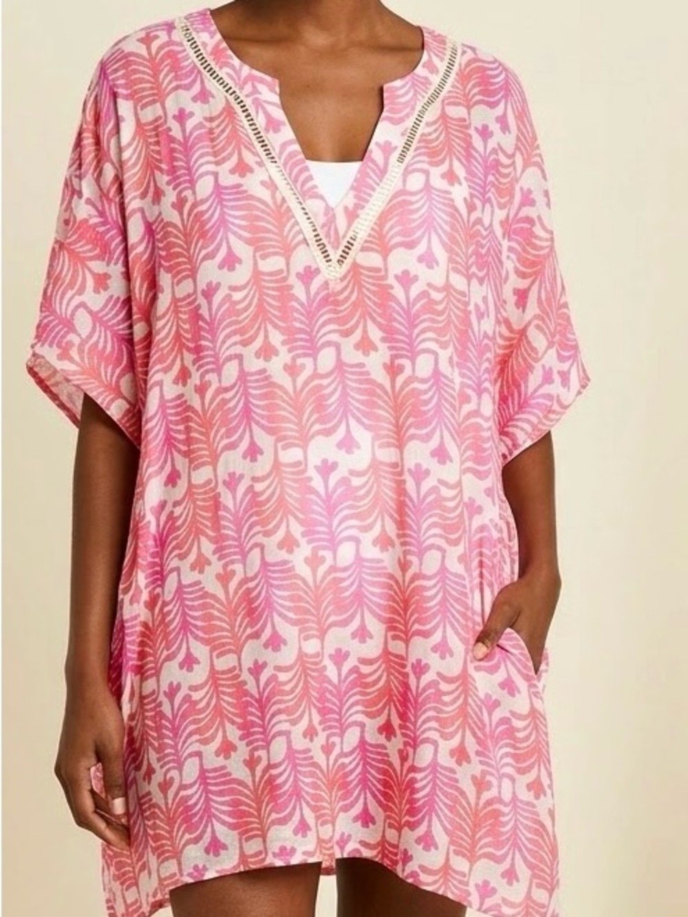 Tahari Pink Patterned V-Neck Tunic with Eyelet Trim